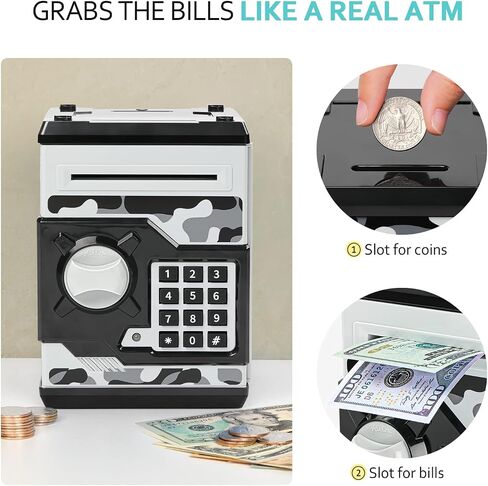ATM Piggy Bank للأولاد والبنات، Vcertcpl Mini ATM Coin Bank صندوق توفير المال مع كلمة مرور، جرة أموال آمنة للأطفال للبالغين مع فتحة فاتورة انتزاع تلقائية، بنك ألعاب هدية رائعة للأطفال (أزرق مموه) in Kuwait