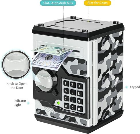ATM Piggy Bank للأولاد والبنات، Vcertcpl Mini ATM Coin Bank صندوق توفير المال مع كلمة مرور، جرة أموال آمنة للأطفال للبالغين مع فتحة فاتورة انتزاع تلقائية، بنك ألعاب هدية رائعة للأطفال (أزرق مموه) in Kuwait