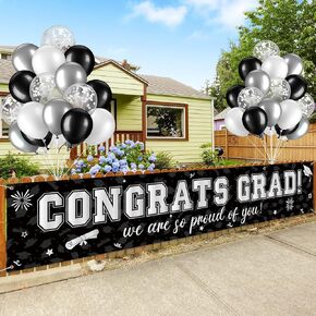 37Pcs Graduation Banner Balloon Decorations Class 2024, Congrats Grad Banner with LED Light Yard Outdoor Decorations, Graduation Banner for High School College Graduation Party Supplies, Black Silver
