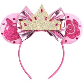 Foeran Mouse Ears Headbands Shiny Bows Mouse Ears Glitter Party Princess Decoration Cosplay Costume for Girls Women (Big red/pink)