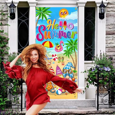 غطاء باب لتزيين حفلات الصيف، لافتة باب بتصميم عبارة Hello Summer مقاس 6 × 2.9 قدم، لافتة باب زينة صيفية للمنزل، غطاء باب بتصميم عبارة Hello Summer in Saudi Arabia