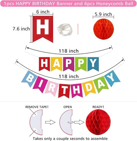 Happy Birthday Banner, Rainbow Birthday Banner, 6 Honeycomb Balls, 8 Metallic Hanging Swirls and Circle Parper Garland, Happy Birthday Decorations in Kuwait