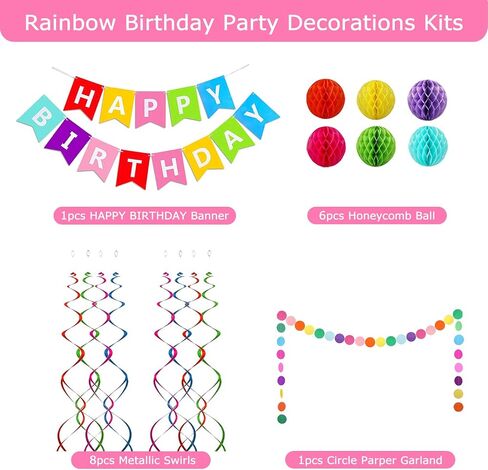 Happy Birthday Banner, Rainbow Birthday Banner, 6 Honeycomb Balls, 8 Metallic Hanging Swirls and Circle Parper Garland, Happy Birthday Decorations in Kuwait