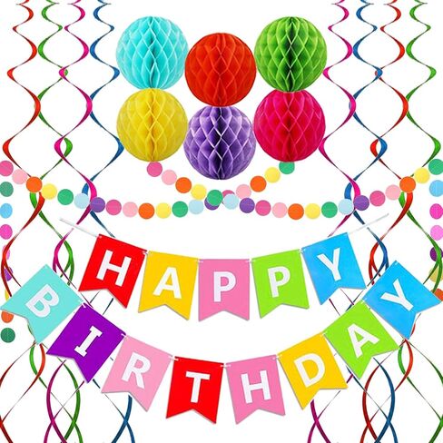 Happy Birthday Banner, Rainbow Birthday Banner, 6 Honeycomb Balls, 8 Metallic Hanging Swirls and Circle Parper Garland, Happy Birthday Decorations in Kuwait