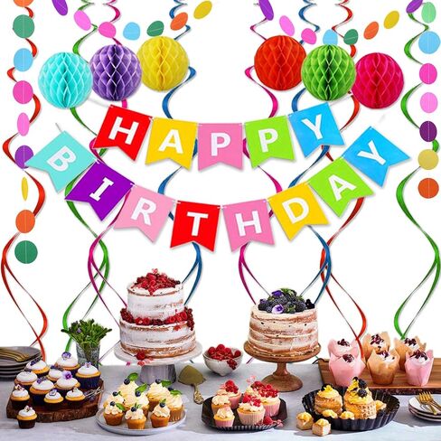 Happy Birthday Banner, Rainbow Birthday Banner, 6 Honeycomb Balls, 8 Metallic Hanging Swirls and Circle Parper Garland, Happy Birthday Decorations in Kuwait