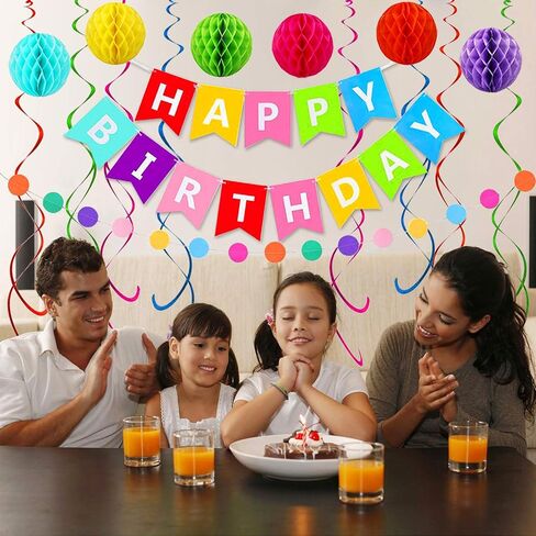 Happy Birthday Banner, Rainbow Birthday Banner, 6 Honeycomb Balls, 8 Metallic Hanging Swirls and Circle Parper Garland, Happy Birthday Decorations in Kuwait
