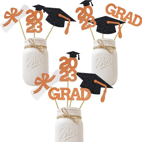 Orange Glitter Graduation Centerpiece Class of Table Signs Grad Sticks Diploma Cap Party Decoration Favors 16 Pieces in Saudi Arabia