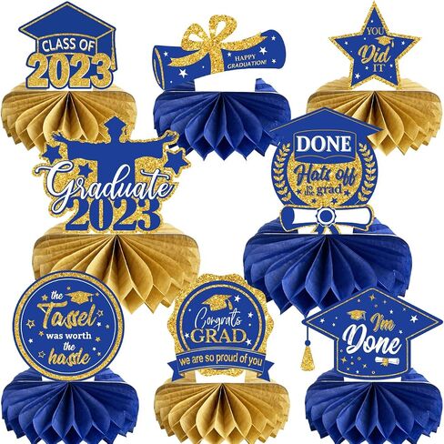 8 PCS Graduation Centerpieces for Tables 2023 Blue and Gold Honeycomb Centerpiece Class of 2023 Graduation Decorations Party Favors in Saudi Arabia