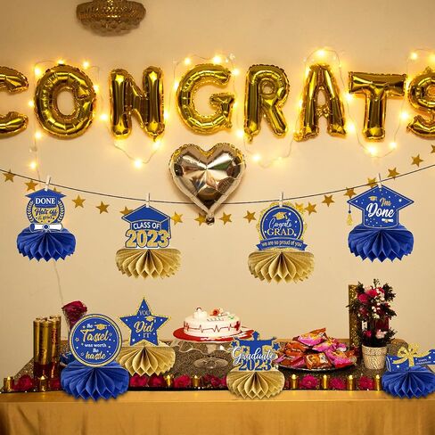 8 PCS Graduation Centerpieces for Tables 2023 Blue and Gold Honeycomb Centerpiece Class of 2023 Graduation Decorations Party Favors in Saudi Arabia