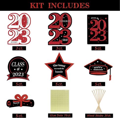 ديكورات حفلات التخرج 2023-30 حزمة من العصي المركزية للتخرج باللونين الأحمر والأسود - 2023 ديكورات التخرج من مستلزمات حفلات التخرج ديكور الطاولة لرياض الأطفال في مرحلة ما قبل المدرسة الثانوية in Kuwait