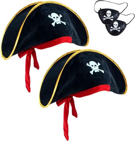 D-Fokes 2 Pieces Pirate Hat Skull Print Pirate Captain Costume Cap - Pirate Accessories Funny Party Hat for Caribbean Fancy Dress with Eye Patch in Saudi Arabia