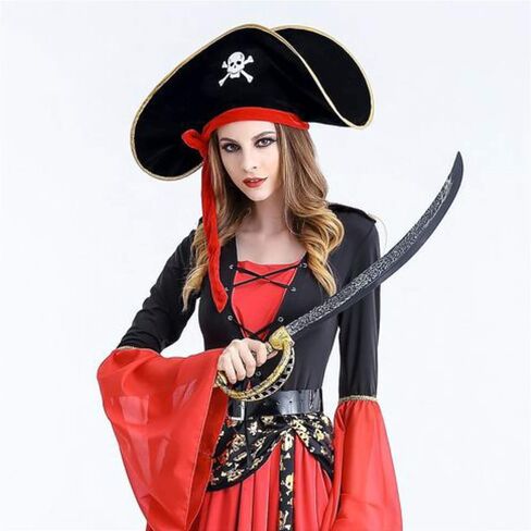 D-Fokes 2 Pieces Pirate Hat Skull Print Pirate Captain Costume Cap - Pirate Accessories Funny Party Hat for Caribbean Fancy Dress with Eye Patch in Saudi Arabia