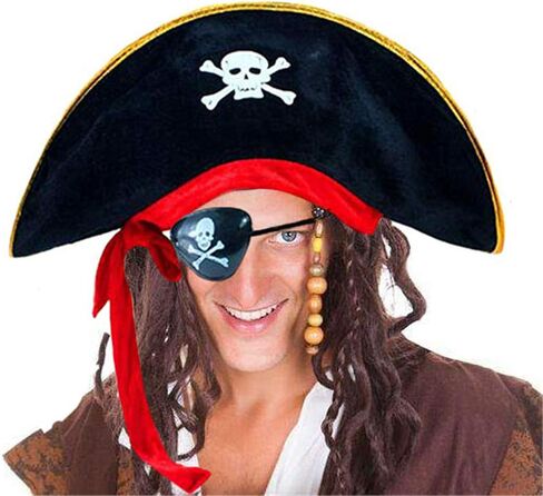 D-Fokes 2 Pieces Pirate Hat Skull Print Pirate Captain Costume Cap - Pirate Accessories Funny Party Hat for Caribbean Fancy Dress with Eye Patch in Saudi Arabia