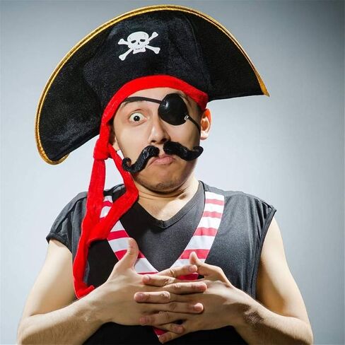 D-Fokes 2 Pieces Pirate Hat Skull Print Pirate Captain Costume Cap - Pirate Accessories Funny Party Hat for Caribbean Fancy Dress with Eye Patch in Saudi Arabia