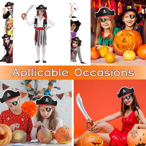 Legigo 18 Pcs Funny Pirate Party Set- Pirate Kids' Party Cosplay Supplies Include 6 Felt Pirate Hats, 6 Pirate Eye Patches, 6 Inflatable Swords for Caribbean Fancy Dress Cosplay Party Stage Prop in Saudi Arabia