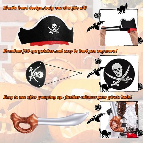 Legigo 18 Pcs Funny Pirate Party Set- Pirate Kids' Party Cosplay Supplies Include 6 Felt Pirate Hats, 6 Pirate Eye Patches, 6 Inflatable Swords for Caribbean Fancy Dress Cosplay Party Stage Prop in Saudi Arabia