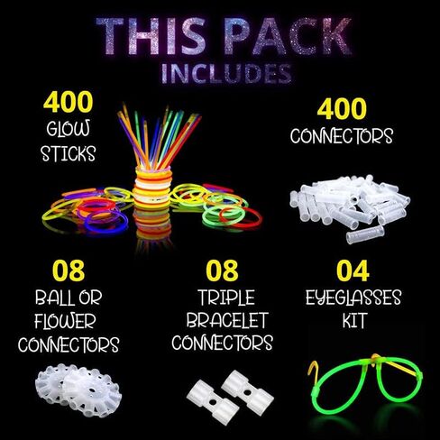 Ammy Glow Glow Sticks (205 Pcs Kit) Bulk Party Pack-100 Pack Glow Sticks with Connectors & Glasses- Party Favors for Kids 8-12- Neon Glow in The Dark Party Supplies for Birthdays & Events in Kuwait