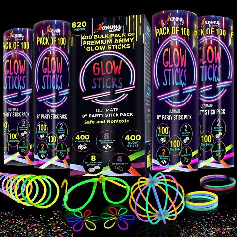 Ammy Glow Glow Sticks (205 Pcs Kit) Bulk Party Pack-100 Pack Glow Sticks with Connectors & Glasses- Party Favors for Kids 8-12- Neon Glow in The Dark Party Supplies for Birthdays & Events in Kuwait