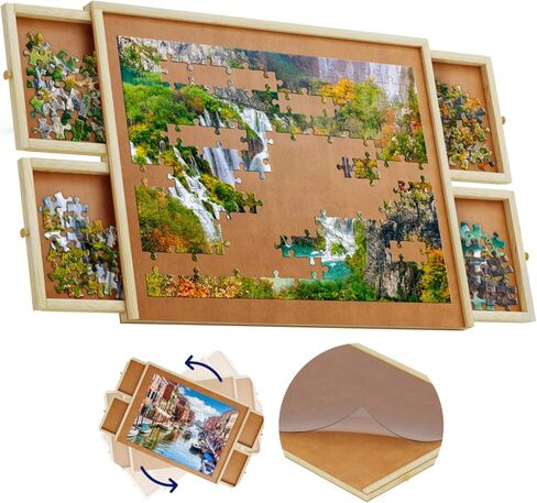 1500 Piece Wooden Jigsaw Puzzle Table - 4 Drawers, Rotating Puzzle Board | 35" X 28" Jigsaw Puzzle Board | Puzzle Cover Included - Portable Puzzle Tables for Adults and Kids by Beyond Innoventions in Saudi Arabia