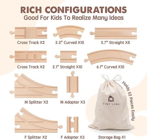 Tiny Land Wooden Train Tracks Set - 52 Pcs Train Track Expansion Pack Fits Thomas, Fits Brio, and Major Railroad Toy Brands in Kuwait