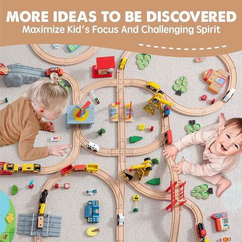 Tiny Land Wooden Train Tracks Set - 52 Pcs Train Track Expansion Pack Fits Thomas, Fits Brio, and Major Railroad Toy Brands in Kuwait