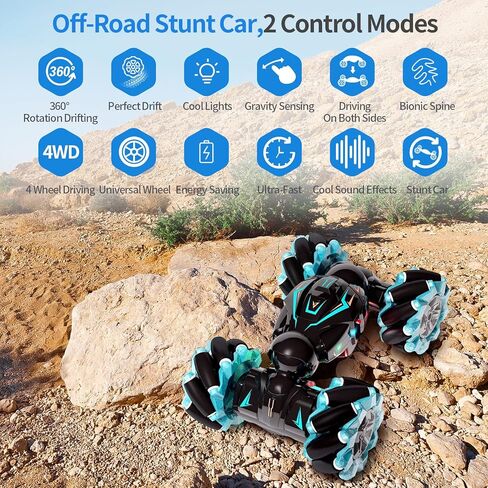 سيارة Deejoy RC Stunt Car، 2.4 جيجا هرتز 4WD للتحكم عن بعد بمستشعر الإيماءات، سيارة دوارة على الطرق الوعرة مزدوجة الجوانب تقلب 360 درجة مع موسيقى أضواء، للأولاد والبنات في أعياد الميلاد in Saudi Arabia