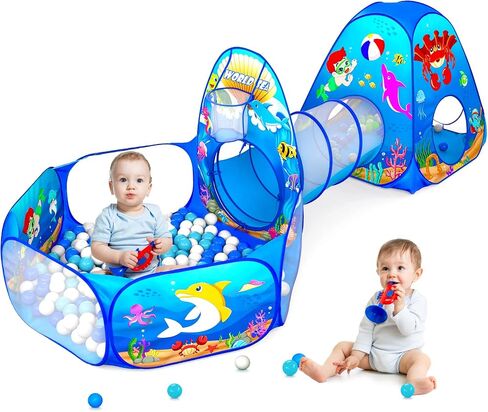 PigPigPen 3 in 1 Kids Play Tent with Tunnel, Ball Pit, Basketball Hoop for Boys & Girls, Toddler Pop Up Playhouse Toy Baby Indoor/Outdoor, Gift Year Old Child (3 Tent) in Kuwait