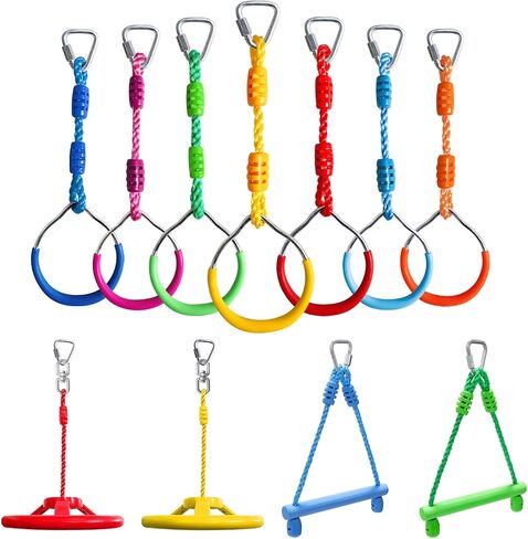 ملحقات مضمار العوائق من Rainbow Craft Ninja Warrior للعب في الهواء الطلق للأطفال - 7 قطع من حلقات النينجا، قطعتان من عجلات الأرجوحة المتأرجحة، قطعتان من قضبان قرد النينجا - بدون حبل نينجا واريور in Kuwait