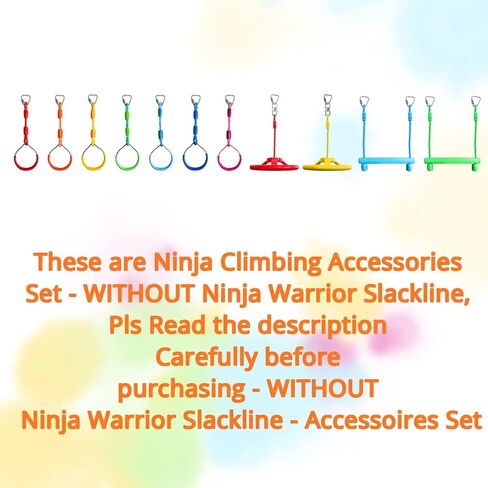 ملحقات مضمار العوائق من Rainbow Craft Ninja Warrior للعب في الهواء الطلق للأطفال - 7 قطع من حلقات النينجا، قطعتان من عجلات الأرجوحة المتأرجحة، قطعتان من قضبان قرد النينجا - بدون حبل نينجا واريور in Kuwait