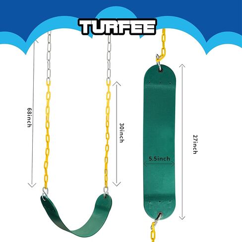 مجموعة من 2 مقاعد أرجوحة خضراء من TURFEE للخدمة الشاقة مع سلسلة بطول 66 بوصة، مجموعة ملحقات التأرجح بديلة مع خطافات سريعة للأطفال في ملعب اللعب في الهواء الطلق، والأشجار، ومجموعة التأرجح، وملعب (أخضر) in Kuwait
