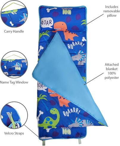 EVERYDAY KIDS Nap Mat with Removable Pillow - Roarin' Dinos - Carry Handle with Straps Closure, Rollup Design, Soft Microfiber for Preschool, Daycare, Travel Sleeping Bag - Ages 3-6 Years in Kuwait