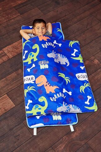 EVERYDAY KIDS Nap Mat with Removable Pillow - Roarin' Dinos - Carry Handle with Straps Closure, Rollup Design, Soft Microfiber for Preschool, Daycare, Travel Sleeping Bag - Ages 3-6 Years in Kuwait
