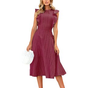 ECOWISH Womens Dresses Elegant Wedding Cocktail Ruffle Cap Sleeves Summer A-Line Midi Dress