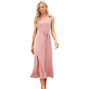 Women's Elegant Bridesmaid Dresses Square Neck Ruffle Split Midi Formal Dress for Wedding Guest Cocktail Party