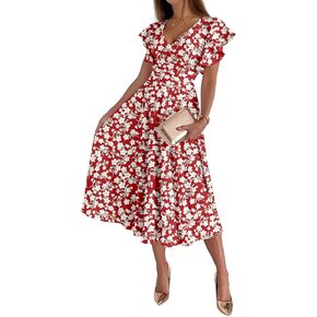 LYANER Women's Warp V Neck Ruffle Short Sleeve A Line Swing Flared Cocktail Party Midi Dress