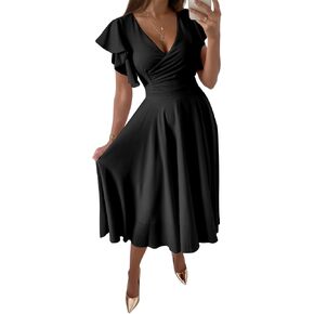 LYANER Women's Warp V Neck Ruffle Short Sleeve A Line Swing Flared Cocktail Party Midi Dress in Saudi Arabia