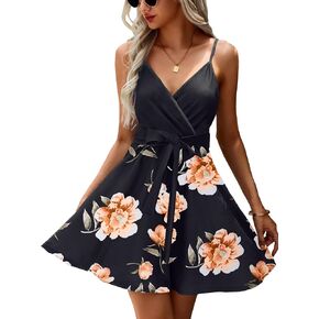 ECOWISH Womens V-Neck Spaghetti Strap Bowknot Backless Sleeveless Lace Mini Swing Skater Dress in Saudi Arabia