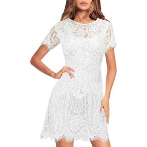 MSLG Women's Elegant Round Neck V-Back Wedding Guest Floral Lace Cocktail Party A Line Dress 910