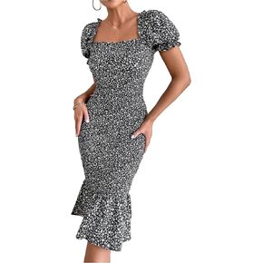 PRETTYGARDEN Women's Summer Floral Midi Bodycon Dresses Short Puff Sleeve Square Neck Ruffle Hem Mermaid Cocktail Dress in Saudi Arabia