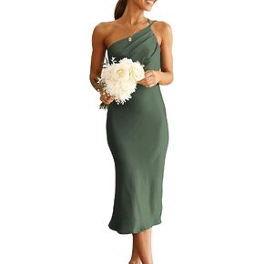 PRETTYGARDEN Women's Midi Satin Dress One Shoulder Spaghetti Strap Backless Ruched Summer Bodycon Dresses in Kuwait
