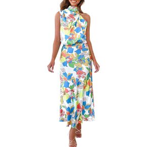 PRETTYGARDEN Women's 2023 Summer Satin Dress Elegant Sleeveless Mock Neck Cocktail Party Maxi Dresses in Kuwait