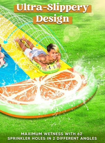 Sloosh 20ft Slip Slide 2 Person Deluxe Water Slides with 2 Boogie Boards Backyard Outdoor Waterslide 2 Sliding Racing Lanes with Sprinklers Summer Toy 20ft x 62in, Orange in Saudi Arabia