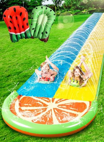 Sloosh 20ft Slip Slide 2 Person Deluxe Water Slides with 2 Boogie Boards Backyard Outdoor Waterslide 2 Sliding Racing Lanes with Sprinklers Summer Toy 20ft x 62in, Orange in Saudi Arabia
