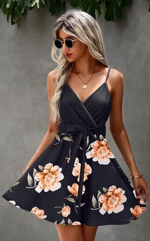 ECOWISH Womens V-Neck Spaghetti Strap Bowknot Backless Sleeveless Lace Mini Swing Skater Dress in Kuwait