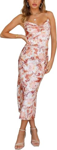 Women's Sleeveless Spaghetti Strap Satin Wedding Guest Party Dress Cocktail Evening Cowl Neck Backless Midi Formal Dresses in Kuwait