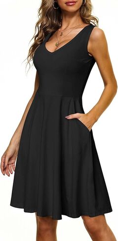 HUHOT Womens Sleeveless V Neck Dress with Pocket Summer Beach Midi Flared Tank Dress in Saudi Arabia
