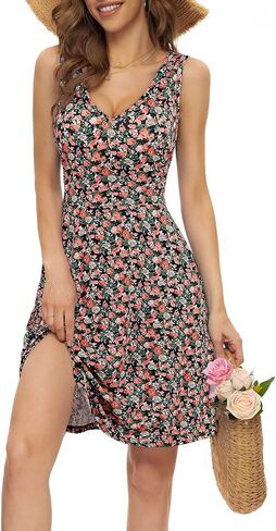 HUHOT Womens Sleeveless V Neck Dress with Pocket Summer Beach Midi Flared Tank Dress in Saudi Arabia
