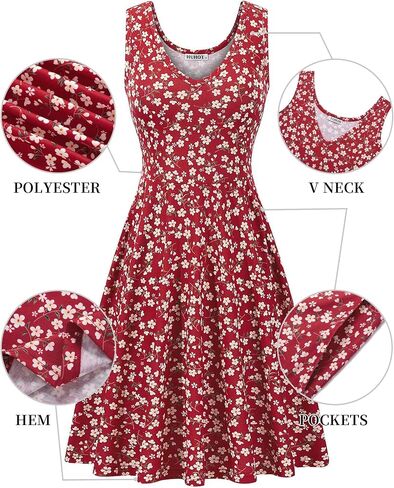 HUHOT Womens Sleeveless V Neck Dress with Pocket Summer Beach Midi Flared Tank Dress in Saudi Arabia