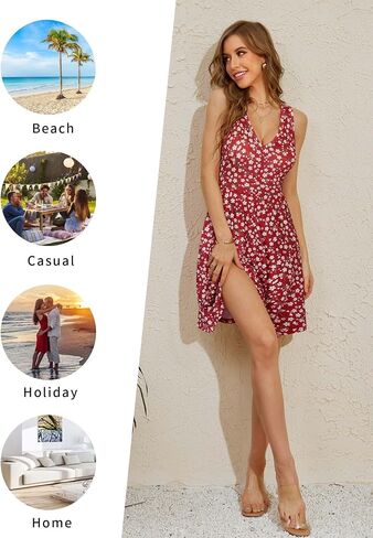 HUHOT Womens Sleeveless V Neck Dress with Pocket Summer Beach Midi Flared Tank Dress in Saudi Arabia