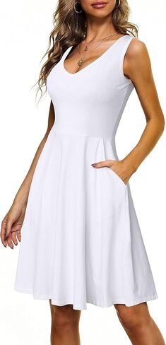 HUHOT Womens Sleeveless V Neck Dress with Pocket Summer Beach Midi Flared Tank Dress in Saudi Arabia